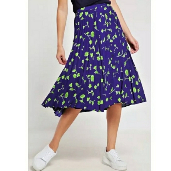 Banana Republic Button Front Pleated Leaf Print Midi Skirt Blue Green Sz 6 - Picture 1 of 5